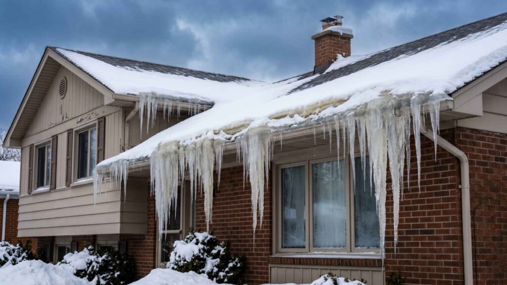 Ottawa roof with ice dams and icicles in winter