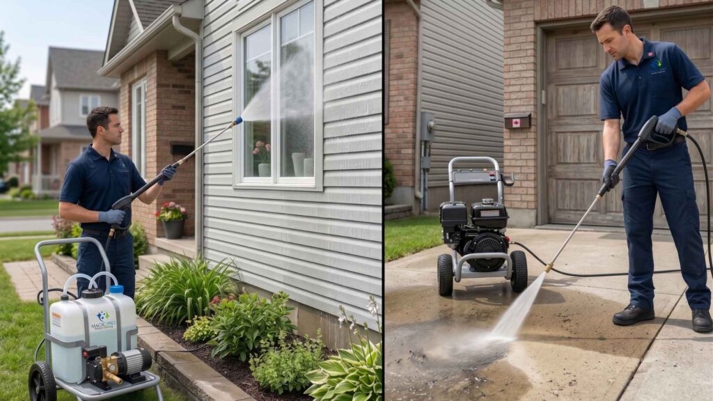 Soft washing siding vs pressure washing driveway at Ottawa home