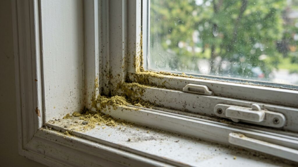 Ottawa window frame with pollen and dust buildup
