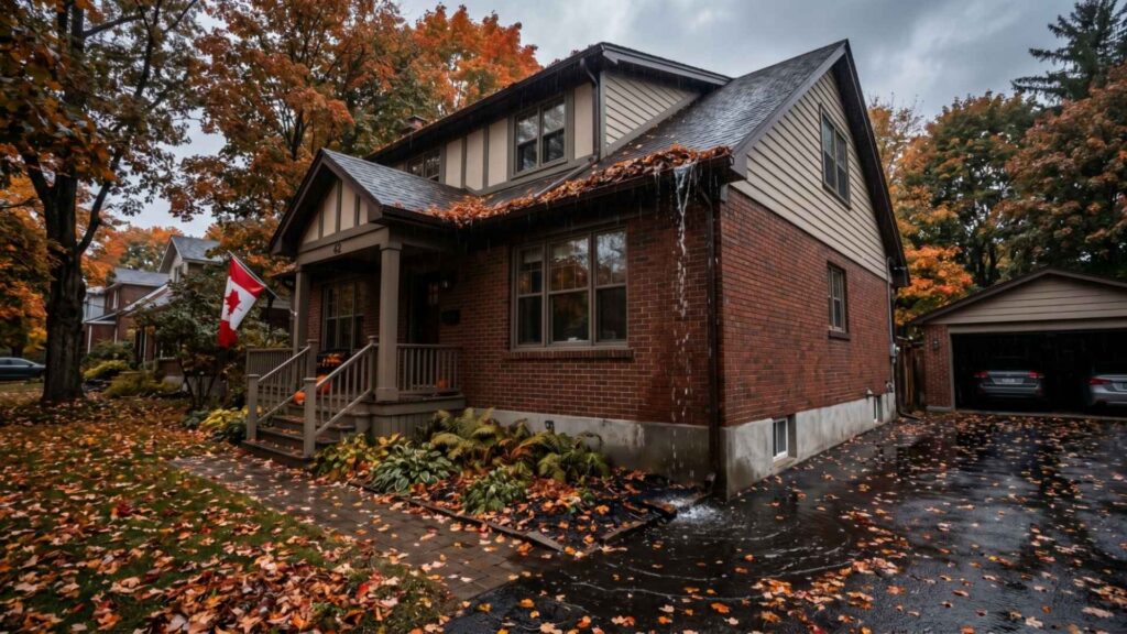 Ottawa home with overflowing gutters and water runoff