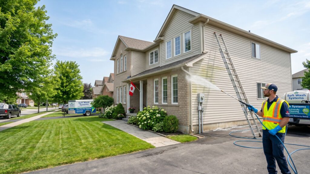 Soft washing technician cleaning vinyl siding