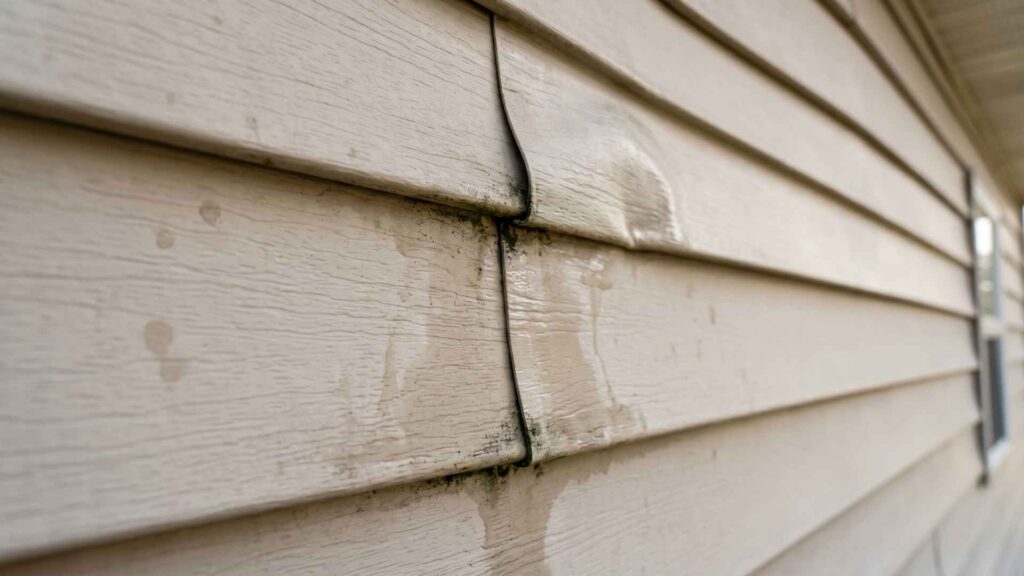 Warped vinyl siding with water damage and mold