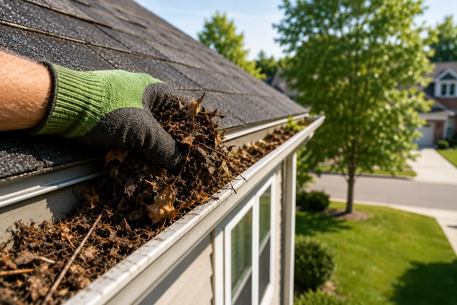 Cleaning the gutter in the sun