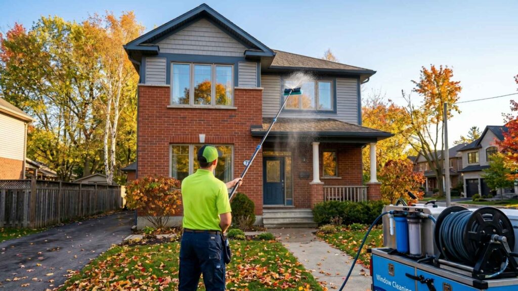 Window cleaner using water-fed pole on Ottawa home