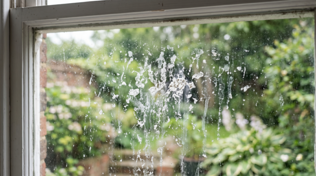 Window with hard water stains and mineral spots