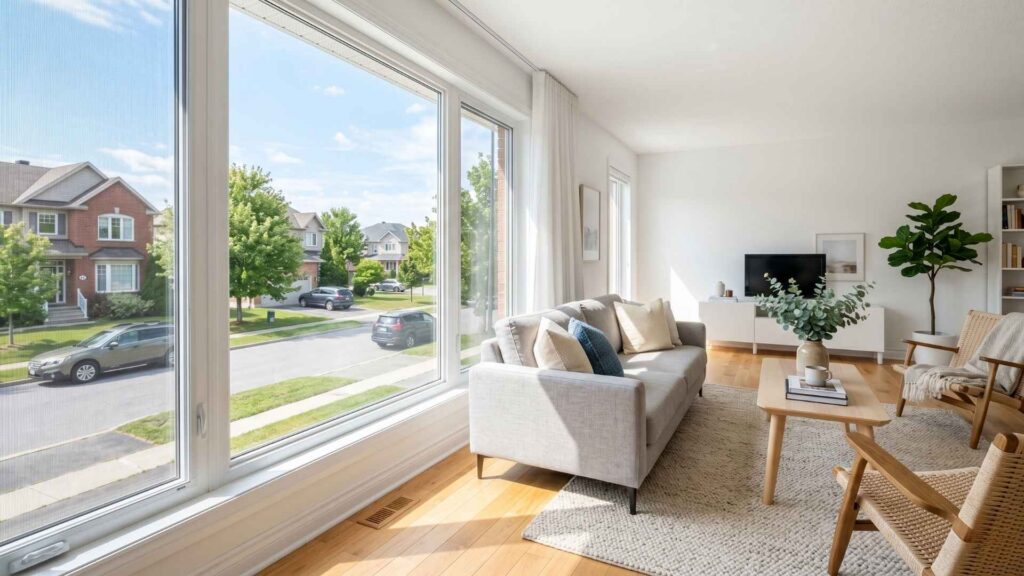 Bright living room with clean window view of Ottawa street