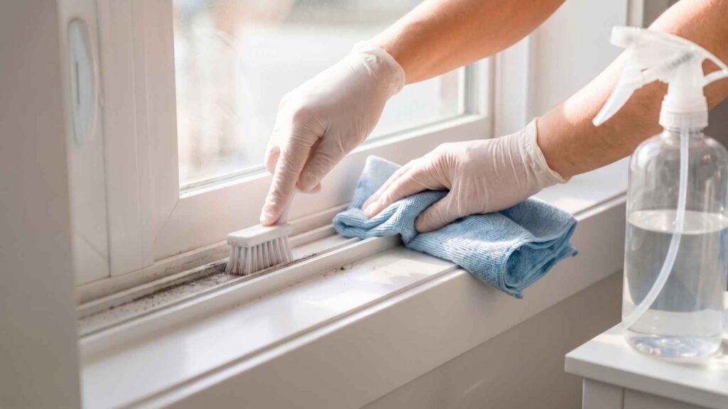 Cleaning window track with microfiber cloth and brush