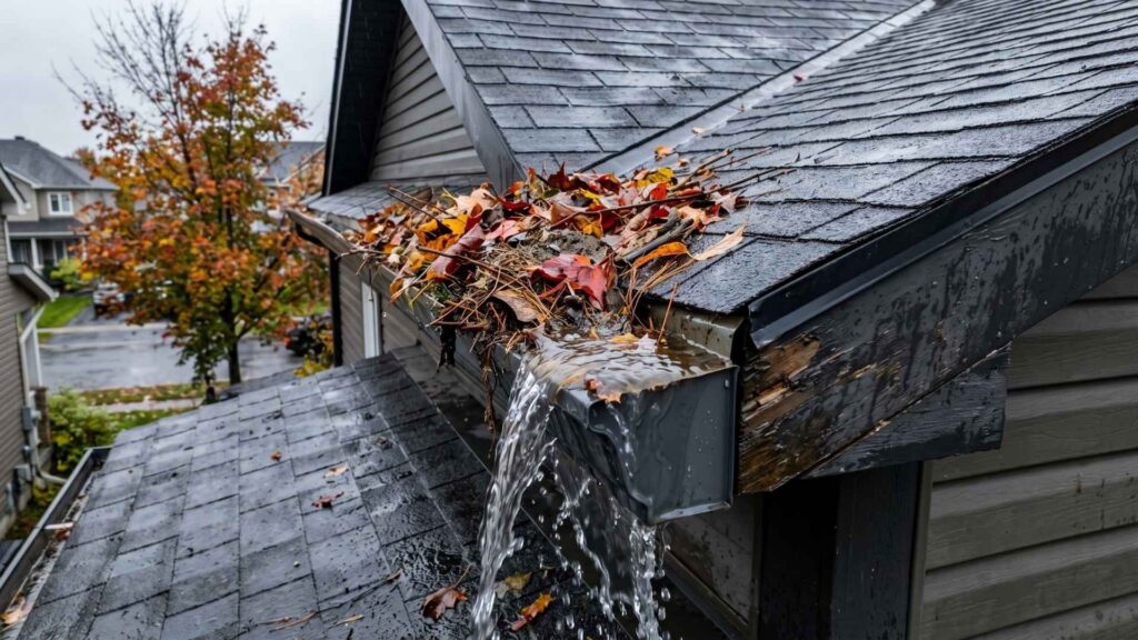 Clogged Ottawa eavestrough overflowing with leaves